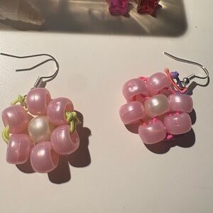 Pink Beaded Flower Earrings